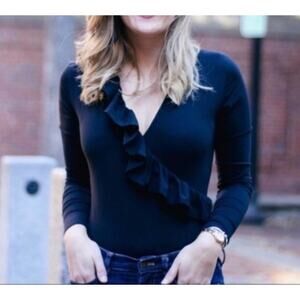 J. Crew Ruffle-Front Wrap Bodysuit Black Long Sleeve V-Neck Size S